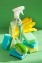 Cleaning items household spray brush sponge glove Royalty Free Stock Photo