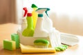 Cleaning items household spray brush sponge glove Royalty Free Stock Photo