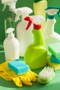 Cleaning items household spray brush sponge glove Royalty Free Stock Photo