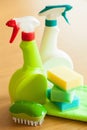 Cleaning items household spray brush sponge glove Royalty Free Stock Photo