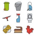 Cleaning items and tools color icons set. Royalty Free Stock Photo