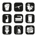 Cleaning items and tools icons set. Trash can, bucket, vacuum cleaner, spray, toilet, brush rubber gloves. Vector white Royalty Free Stock Photo