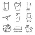 Cleaning items and tools linear icons set. Royalty Free Stock Photo