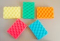 Cleaning kit and cleaning bathroom and kitchen, colorful sponges, the concept of spring cleaning