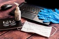 Cleaning kit for remote work home office desk with hand sanitizer and face mask, a solution against the spread of corona virus for Royalty Free Stock Photo