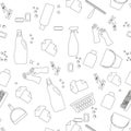 Cleaning kit seamless pattern, outline icons set vector illustration. Line hand drawn equipment, cleaning set Royalty Free Stock Photo