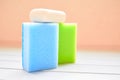 Cleaning kit.White soap and two sponges Royalty Free Stock Photo