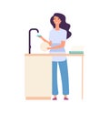 Cleaning kitchen. Woman washing dishes, dirty plate in female hands. Flat housewife, cute girl doing housework vector Royalty Free Stock Photo