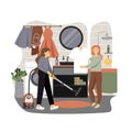 Cleaning ladies doing laundry, vacuuming carpet, cleaning house, vector flat illustration