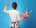 Cleaning lady with a basket with cleansers and brushes pointing