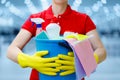 The cleaning lady with a bucket and detergents