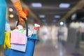 A cleaning lady with a bucket and cleaning products Royalty Free Stock Photo