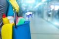 Cleaning lady with a bucket and cleaning products . Royalty Free Stock Photo