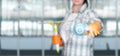 The cleaning lady clicks on the icon of a well done job Royalty Free Stock Photo