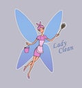 cartoon character cleaning lady Housewife butterfly Cartoon character with duster service fly and working in pink dress