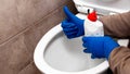 The cleaning lady near the toilet with cleaning agent shows the ok sign with her hand. The toilet is clean Royalty Free Stock Photo