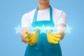 Cleaning lady shows the rating of five stars . Royalty Free Stock Photo