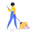 Cleaning lady sweeping garbage in park illustration. Female character in yellow sweater and blue pants cleaning up