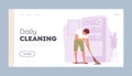 Daily Cleaning Landing Page Template. Home Routine, Household Duties, Man Doing Domestic Work, Sweeping Floor