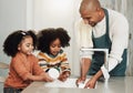 Cleaning, learning and happy with black family in kitchen for bonding, hygiene and teaching. Smile, support and natural Royalty Free Stock Photo