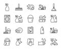 Cleaning line icons. Laundry, Sponge and Vacuum.