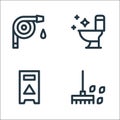 cleaning line icons. linear set. quality vector line set such as rake, wet floor, toilet