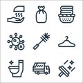 cleaning line icons. linear set. quality vector line set such as squeegee, garbage truck, toilet, clothes hanger, wc, virus,