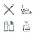 cleaning line icons. linear set. quality vector line set such as air refreshener, rubber gloves, lawnmower Royalty Free Stock Photo