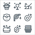 cleaning line icons. linear set. quality vector line set such as clean clothes, mirror, soap, plate, water hose, vacuum cleaner,