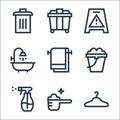 cleaning line icons. linear set. quality vector line set such as clothes hanger, detergent, spray, bucket, towel, shower, caution