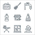 cleaning line icons. linear set. quality vector line set such as handwash, window, iron board, bleach, washing powder, mouthwash,