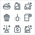 cleaning line icons. linear set. quality vector line set such as house, trash, broom, paper towel, duster, trash, armchair, Royalty Free Stock Photo