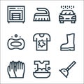 cleaning line icons. linear set. quality vector line set such as plunger, washing, gloves, boots, tshirt, soap, car wash, brush Royalty Free Stock Photo