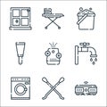 cleaning line icons. linear set. quality vector line set such as robot vacuum, cotton swabs, washing machine, faucet, air