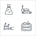 cleaning line icons. linear set. quality vector line set such as soap, toothbrush, lawnmower Royalty Free Stock Photo