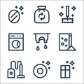 cleaning line icons. linear set. quality vector line set such as window, plate, vacuum cleaner, washing powder, clothes, washing