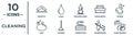 cleaning linear icon set. includes thin line serviette, oxidizing agent, sponge, plunger, housekeeping, hand washing, soap icons