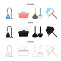 Cleaning and maid cartoon,black,outline icons in set collection for design. Equipment for cleaning vector symbol stock