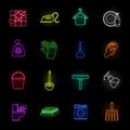 Cleaning and maid neon icons in set collection for design. Equipment for cleaning vector symbol stock web illustration.