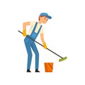 Cleaning Man with Bucket and Mop Washing Floor, Male Worker Character Dressed in Uniform and Rubber Gloves, Cleaning Royalty Free Stock Photo