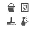 Cleaning mop, Bucket and Window cleaning icons. Washing cleanser sign. Vector Royalty Free Stock Photo