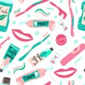 Cleaning mouth tools doodle seamless pattern. Toothbrush, toothpaste and dental floss, hand drawn morning hygiene, oral care,