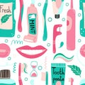 Cleaning mouth tools doodle seamless pattern. Toothbrush, toothpaste and dental floss, hand drawn morning hygiene, oral care,