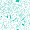 Cleaning mouth tools line seamless pattern. Toothbrush, toothpaste and dental floss, hand drawn morning hygiene oral care,