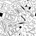 Cleaning mouth tools line seamless pattern. Toothbrush, toothpaste and dental floss, hand drawn morning hygiene oral care,