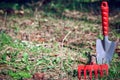 Background, garden cleaning, small shovel, rake, Royalty Free Stock Photo