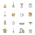 Cleaning outline gray and yellow vector icons set. Minimalistic design.