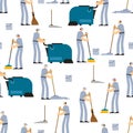 Cleaning pattern seamless. Janitor and Cleaner background. broom and Industrial Vacuum Cleaner. sweeping brush and Bucket. Service