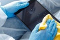 Cleaning Phone screen Disinfection is wiped, removes coronavirus microbes with antibacterial wet wipes for prevention of