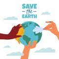 Cleaning planet. Different multi ethnic hands hold and wash together, save the earth text, ecological activists, banner Royalty Free Stock Photo